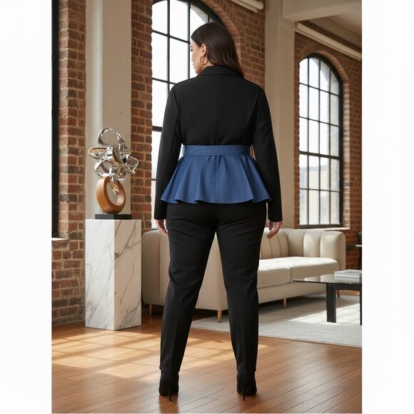 Shein Sylvia Mollie Plus Faux Denim Black Peplum Colorblock Blazer Jacket 12, 0X - Picture 2 of 13